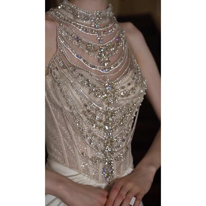 Sleeveless Faux Pearl High Neck Sheath Evening Gown