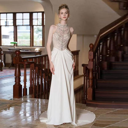 Sheath Neck Pearl Gown Faux Evening Sleeveless High