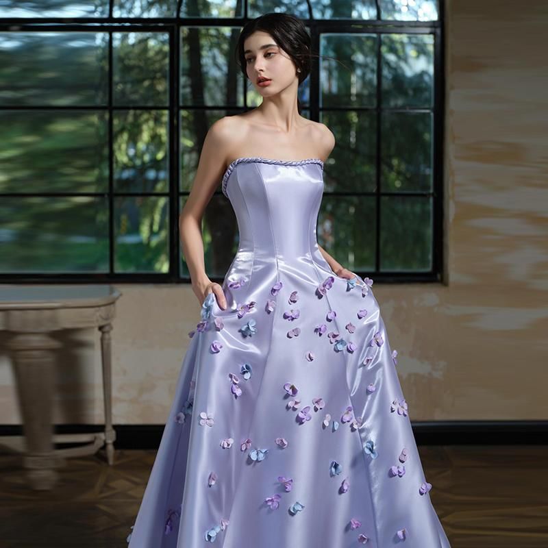 Set: Strapless Floral Applique A-Line Evening Gown + Arm Sleeves
