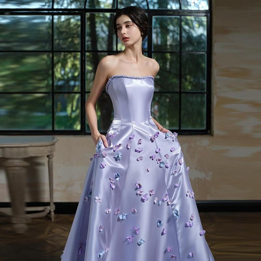 Set: Strapless Floral Applique A-Line Evening Gown + Arm Sleeves