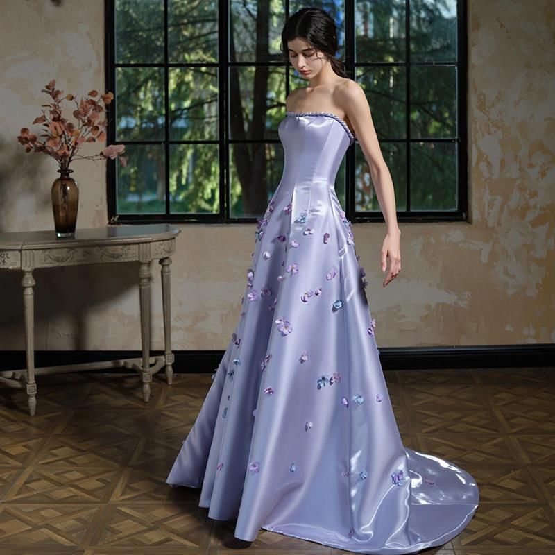 Set: Strapless Floral Applique A-Line Evening Gown + Arm Sleeves