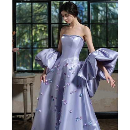 Set: Strapless Floral Applique A-Line Evening Gown + Arm Sleeves