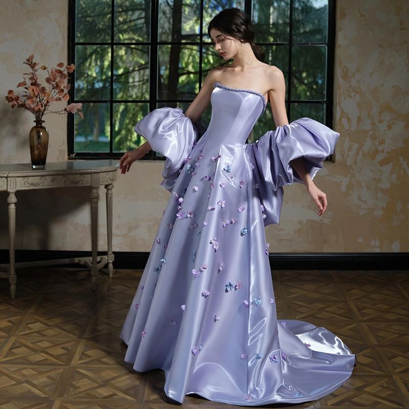 Arm Applique A-Line Set: Floral + Evening Gown Sleeves Strapless