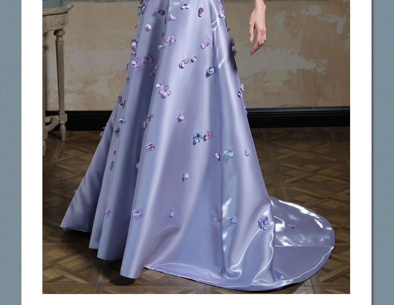 Set: Strapless Floral Applique A-Line Evening Gown + Arm Sleeves