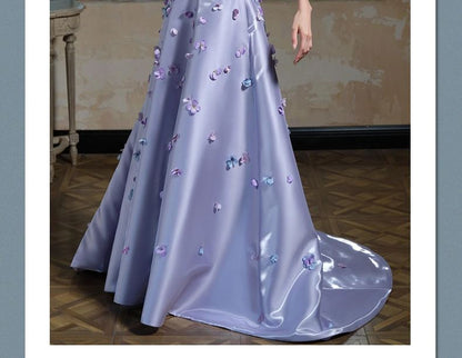 Set: Strapless Floral Applique A-Line Evening Gown + Arm Sleeves
