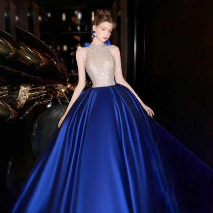 Halter Neck Sleeveless Sequined Two Tone Evening Ball Gown