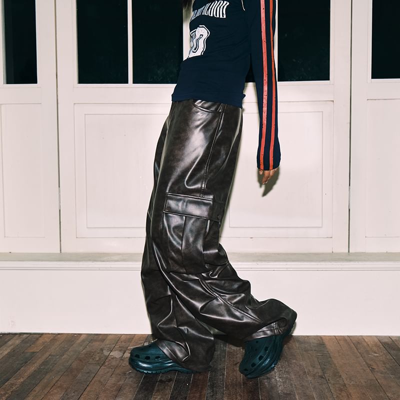 Mid Rise Faux Leather Baggy Cargo Pants