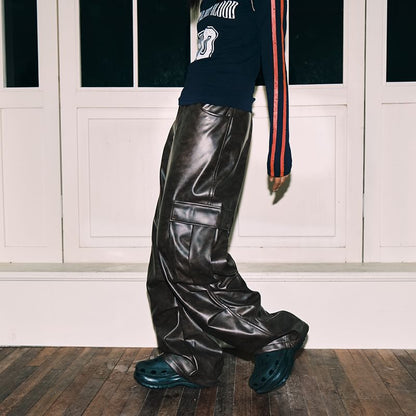 Mid Rise Faux Leather Baggy Cargo Pants