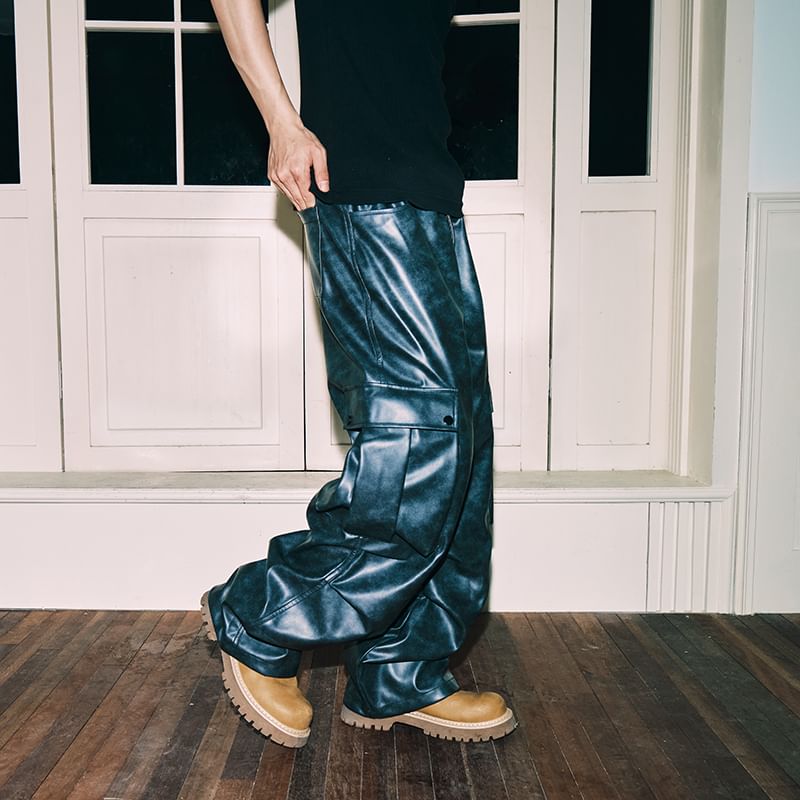 Mid Rise Faux Leather Baggy Cargo Pants