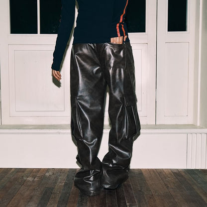 Mid Rise Faux Leather Baggy Cargo Pants