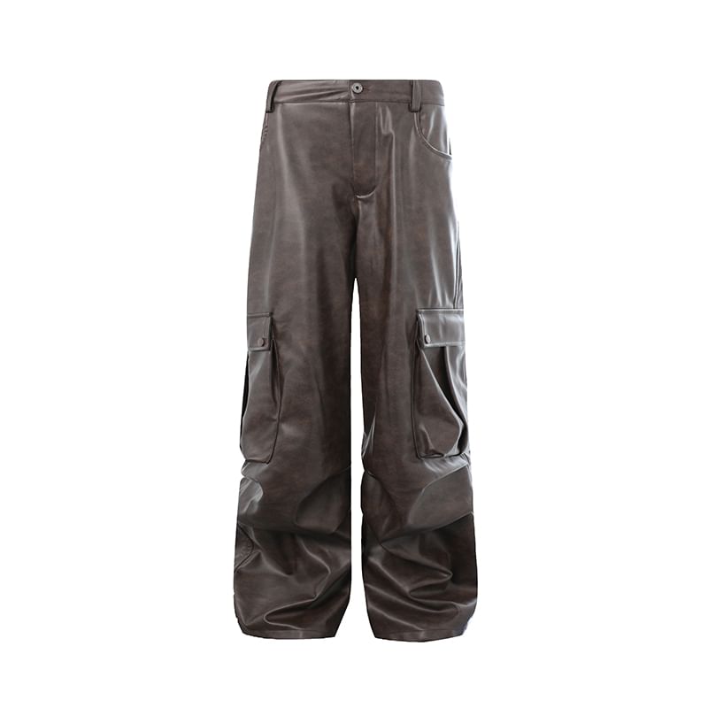 Mid Rise Faux Leather Baggy Cargo Pants