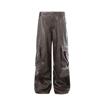 Mid Rise Faux Leather Baggy Cargo Pants