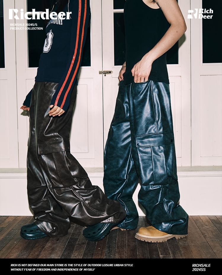 Mid Rise Faux Leather Baggy Cargo Pants