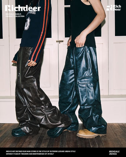 Mid Rise Faux Leather Baggy Cargo Pants