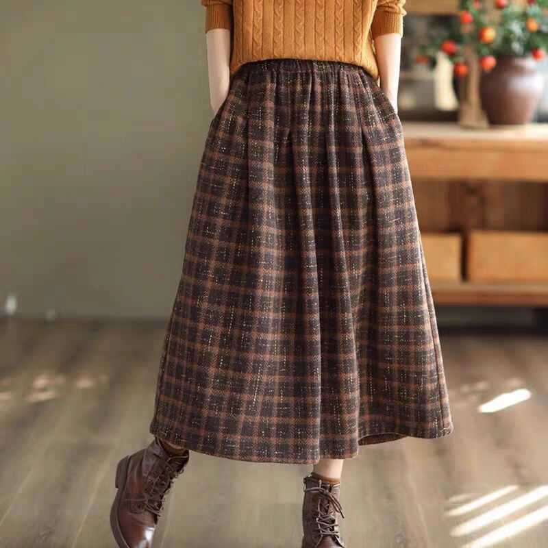 Adjustable Waist Plaid A-Line Midi Skirt - Elastic Band