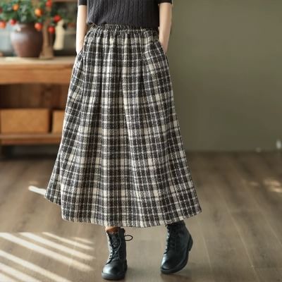 Adjustable Waist Plaid A-Line Midi Skirt - Elastic Band