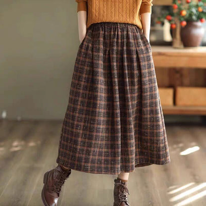 Adjustable Waist Plaid A-Line Midi Skirt - Elastic Band