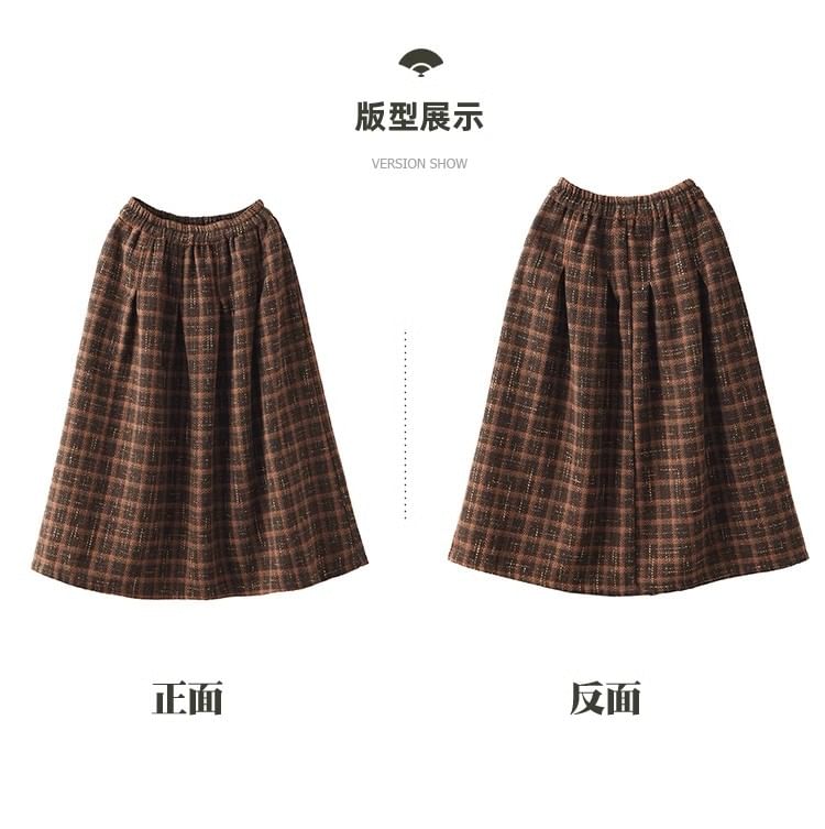 Adjustable Waist Plaid A-Line Midi Skirt - Elastic Band