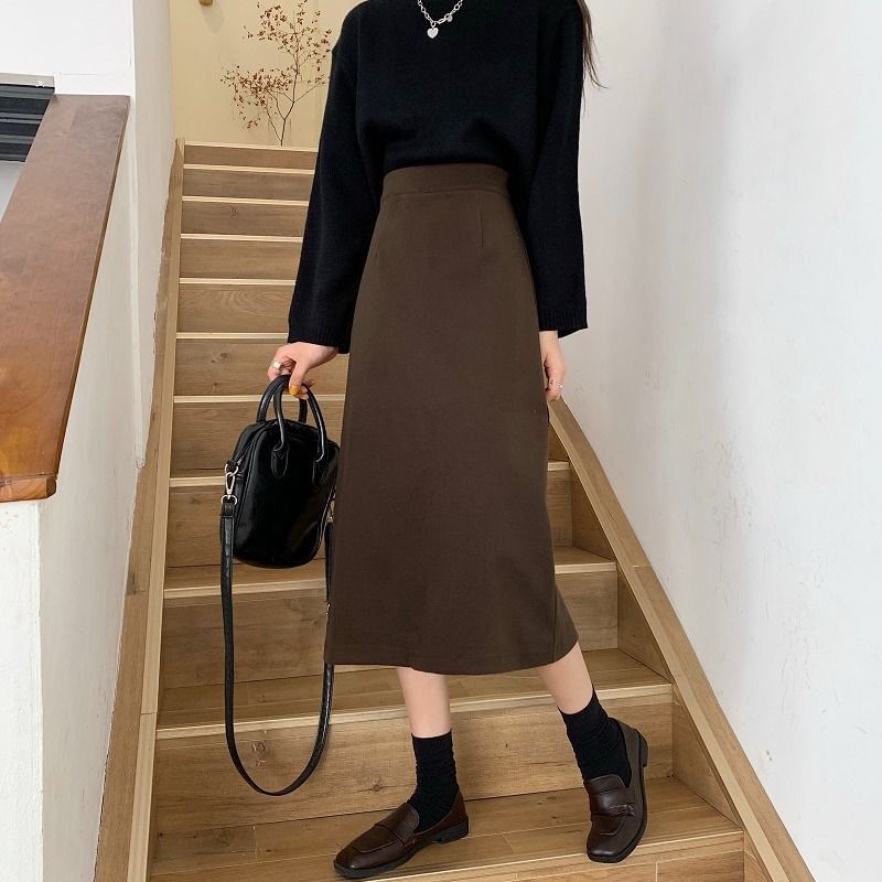 Rising Waist A-Line Midi Skirt - Plain Style