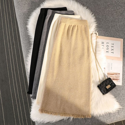 Straight Midi Skirt with Fringe Slit - High Waist Knit