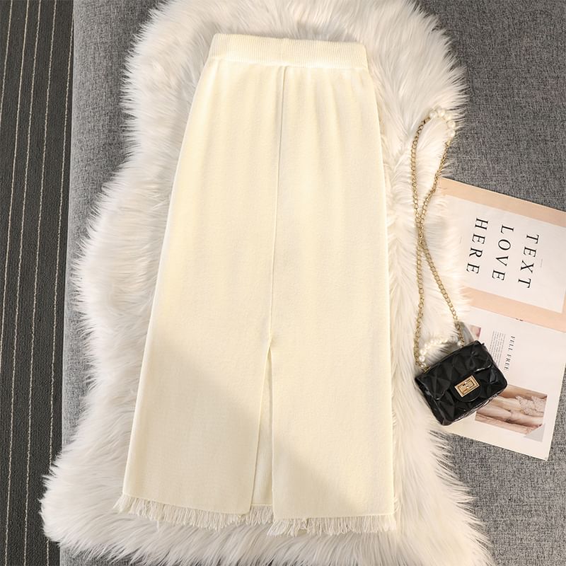 Straight Midi Skirt with Fringe Slit - High Waist Knit