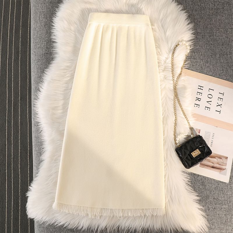 Straight Midi Skirt with Fringe Slit - High Waist Knit