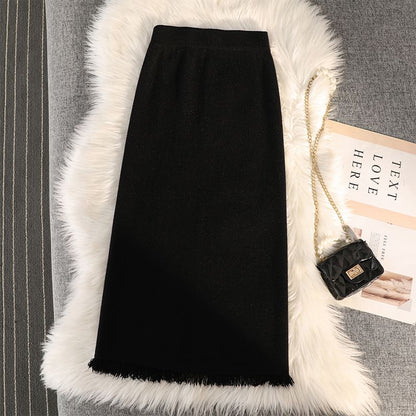 Straight Midi Skirt with Fringe Slit - High Waist Knit