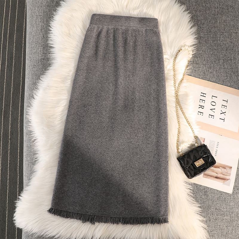 Straight Midi Skirt with Fringe Slit - High Waist Knit