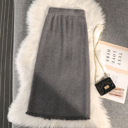 Straight Midi Skirt with Fringe Slit - High Waist Knit