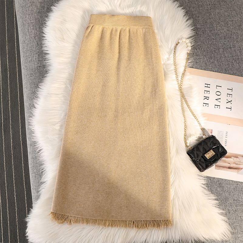 Straight Midi Skirt with Fringe Slit - High Waist Knit