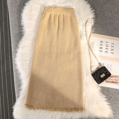 Straight Midi Skirt with Fringe Slit - High Waist Knit
