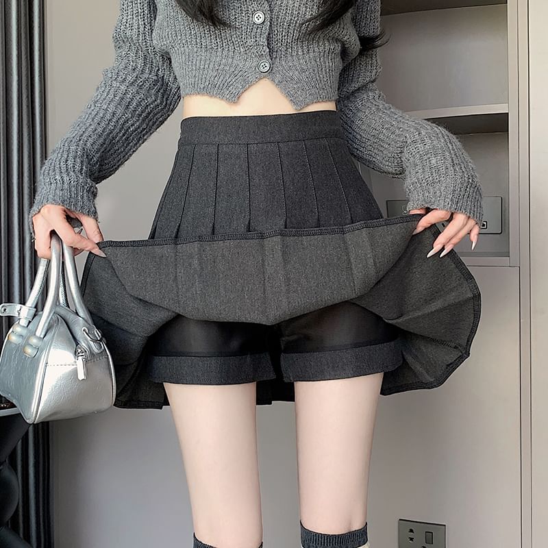 High-Waist Pleated Flared Mini Skirt - Solid Color