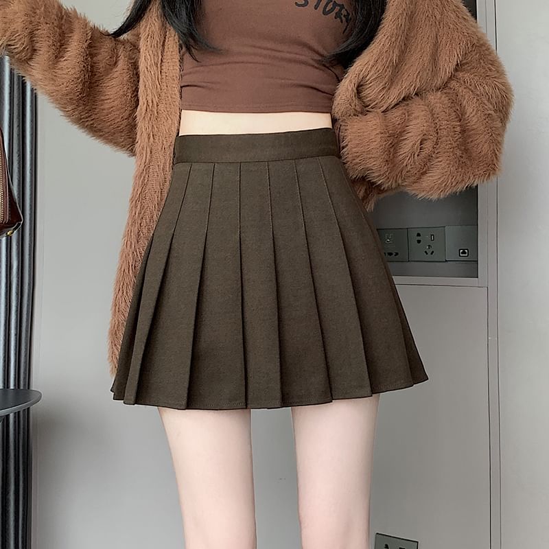 High-Waist Pleated Flared Mini Skirt - Solid Color