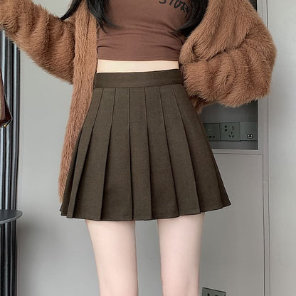 High-Waist Pleated Flared Mini Skirt - Solid Color