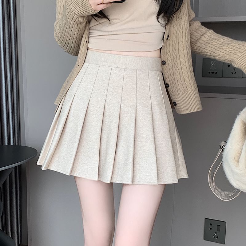 High-Waist Pleated Flared Mini Skirt - Solid Color