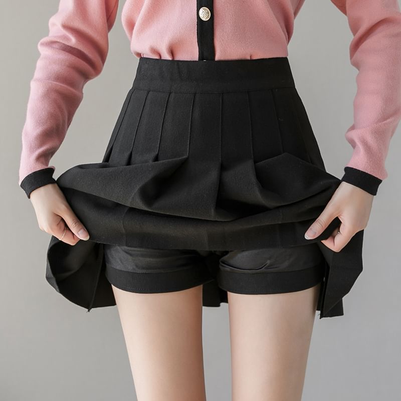 High-Waist Pleated Flared Mini Skirt - Solid Color