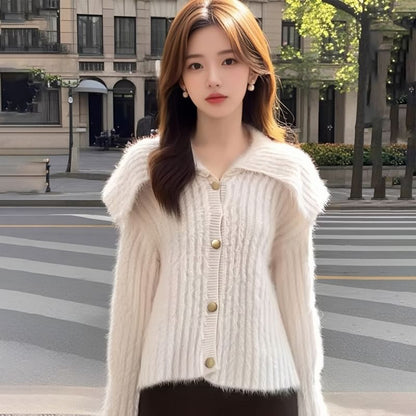 Fluffy Collared Button-Up Plain Cardigan
