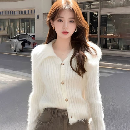 Fluffy Collared Button-Up Plain Cardigan