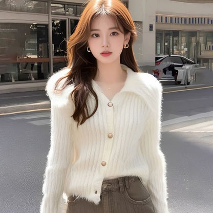Fluffy Collared Button-Up Plain Cardigan