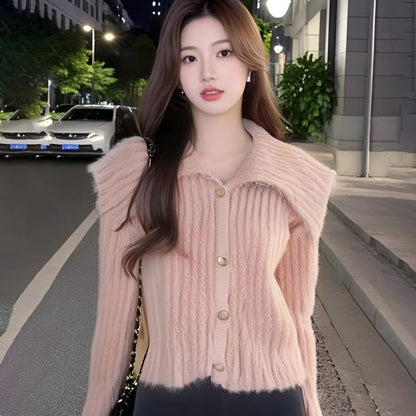 Fluffy Collared Button-Up Plain Cardigan