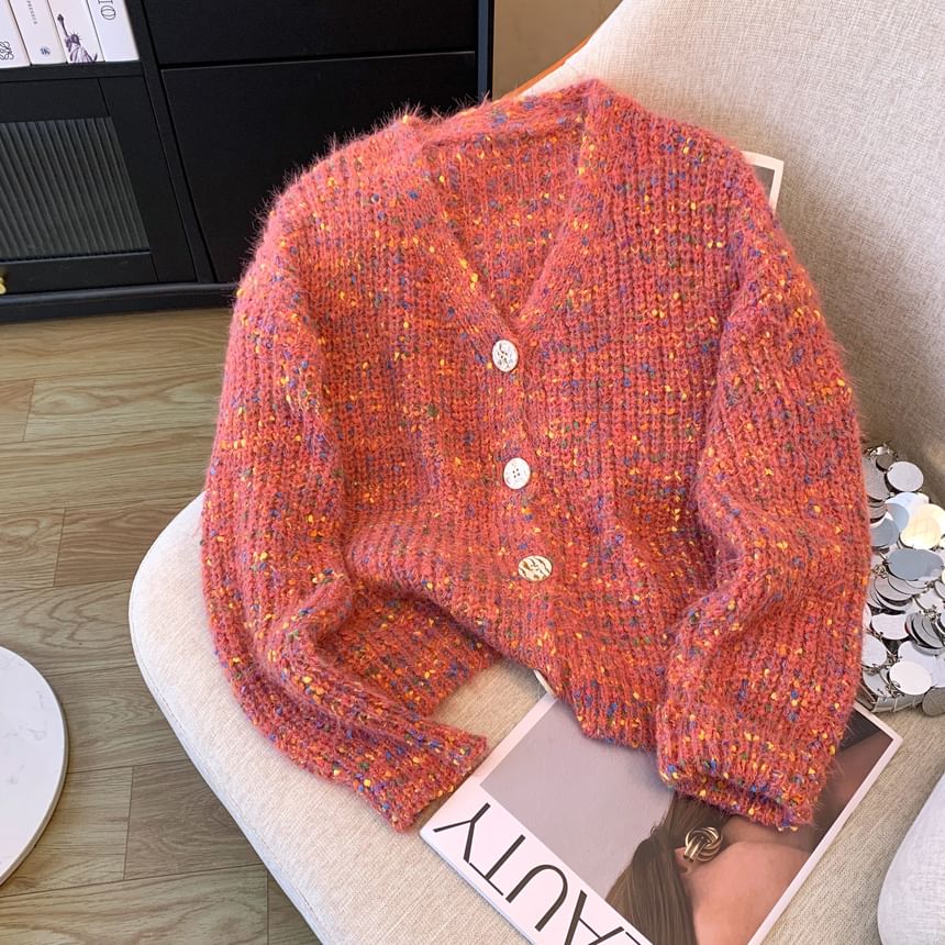 V-Neck Melange Crop Button Cardigan