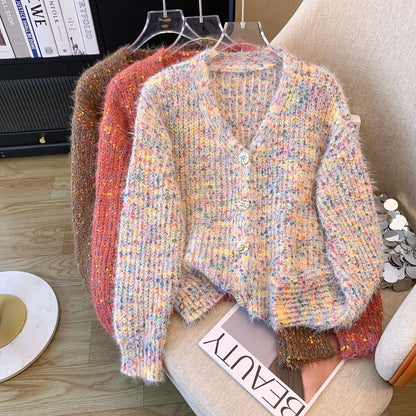 V-Neck Melange Crop Button Cardigan