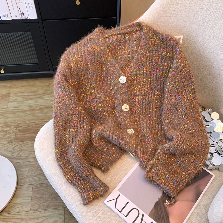 V-Neck Melange Crop Button Cardigan