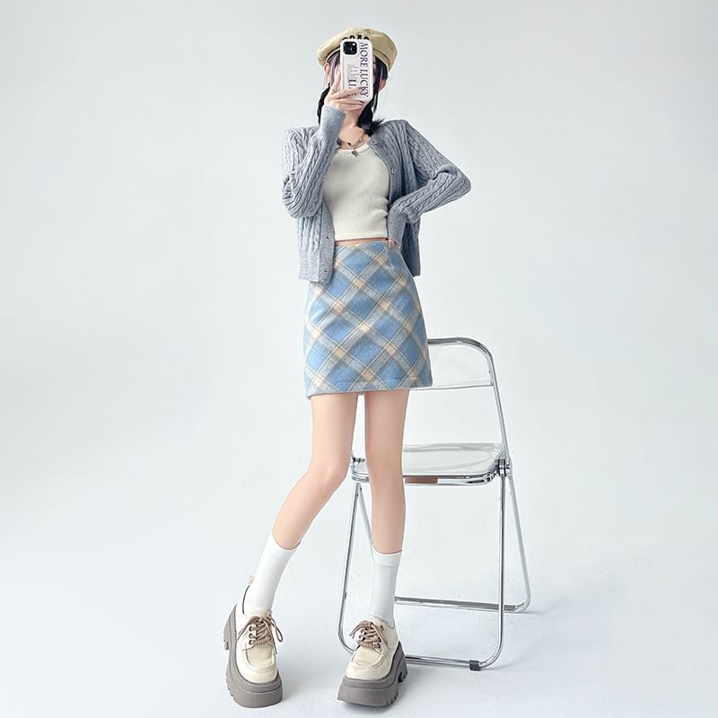 High Rise Checkered Flared Mini Skirt