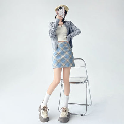 High Rise Checkered Flared Mini Skirt