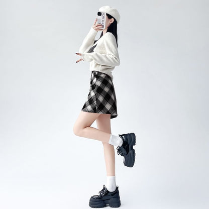 High Rise Checkered Flared Mini Skirt