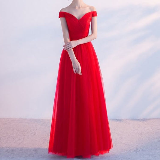 Off-Shoulder Plain Mesh Panel A-Line Evening Gown
