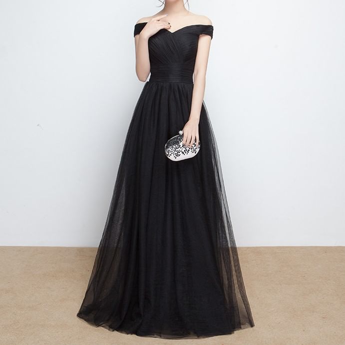 Off-Shoulder Plain Mesh Panel A-Line Evening Gown