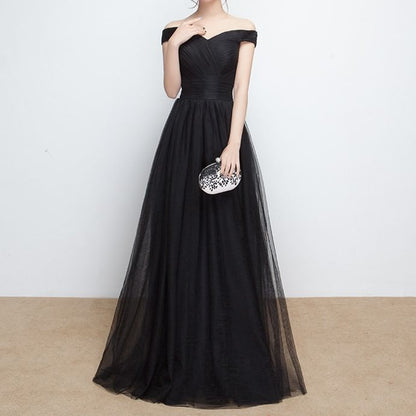 Off-Shoulder Plain Mesh Panel A-Line Evening Gown
