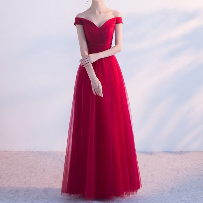 Off-Shoulder Plain Mesh Panel A-Line Evening Gown